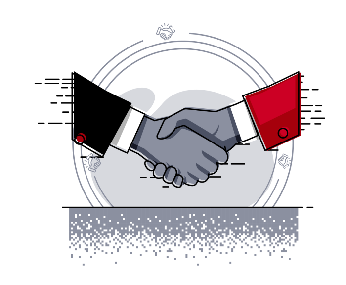 Illustration of two professionals shaking hands, symbolizing a partnership.